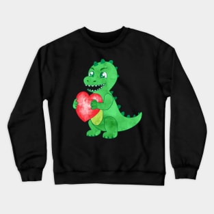 Watercolor Green Dinosaur Hold Heart Valentine Crewneck Sweatshirt